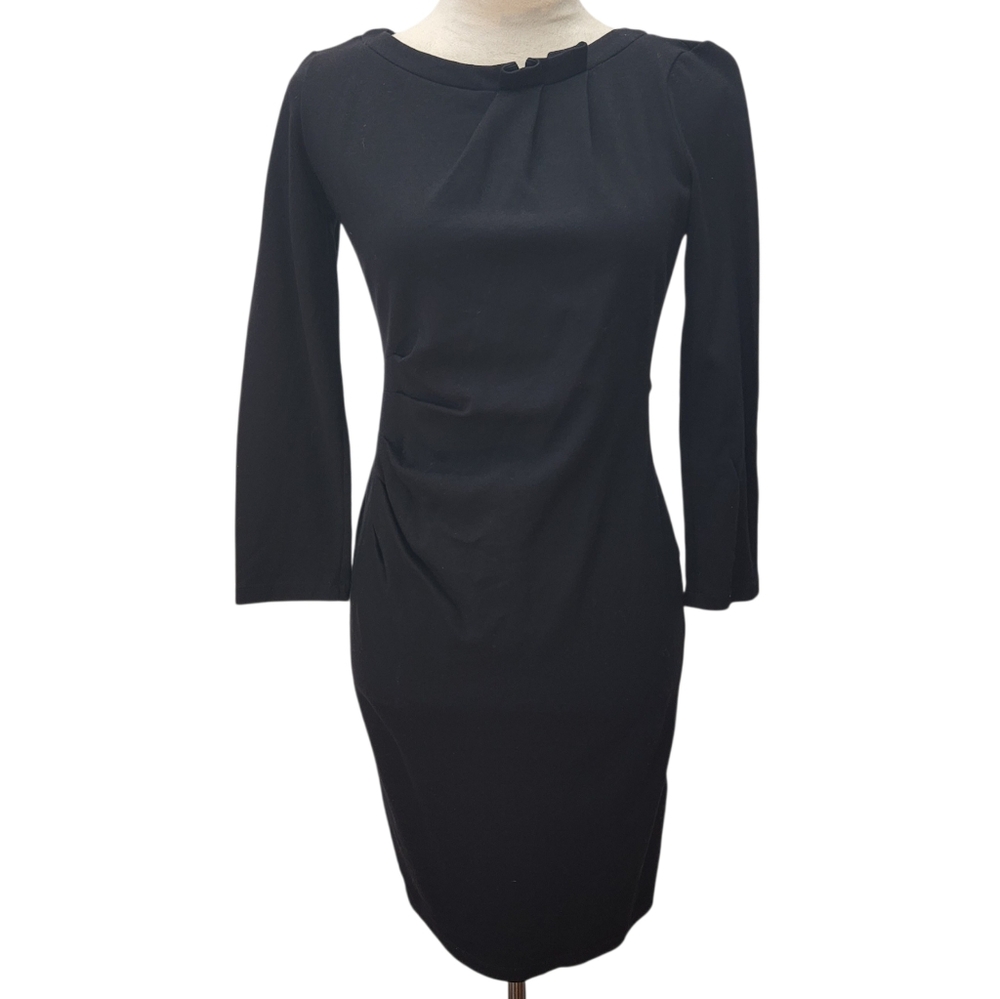 Armani Collezioni Black Sheath Dress Made Italy 3/4 Sleeve Draped Neck Stretch 2